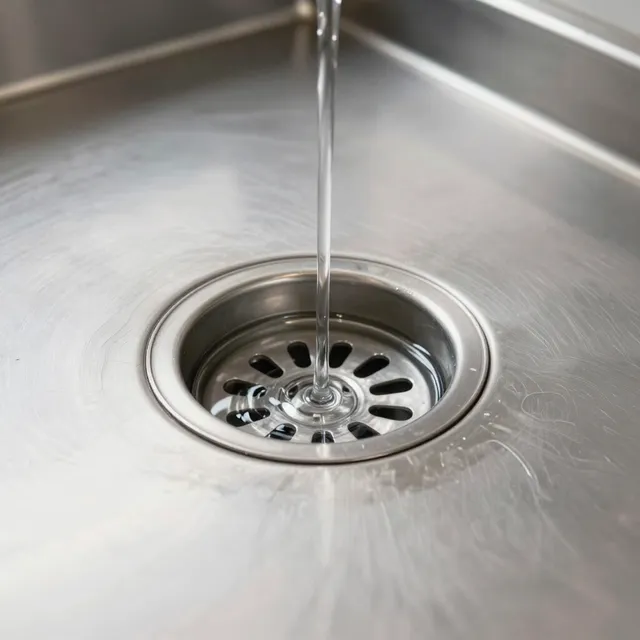 Water running into a stainless steel sink drain close-up