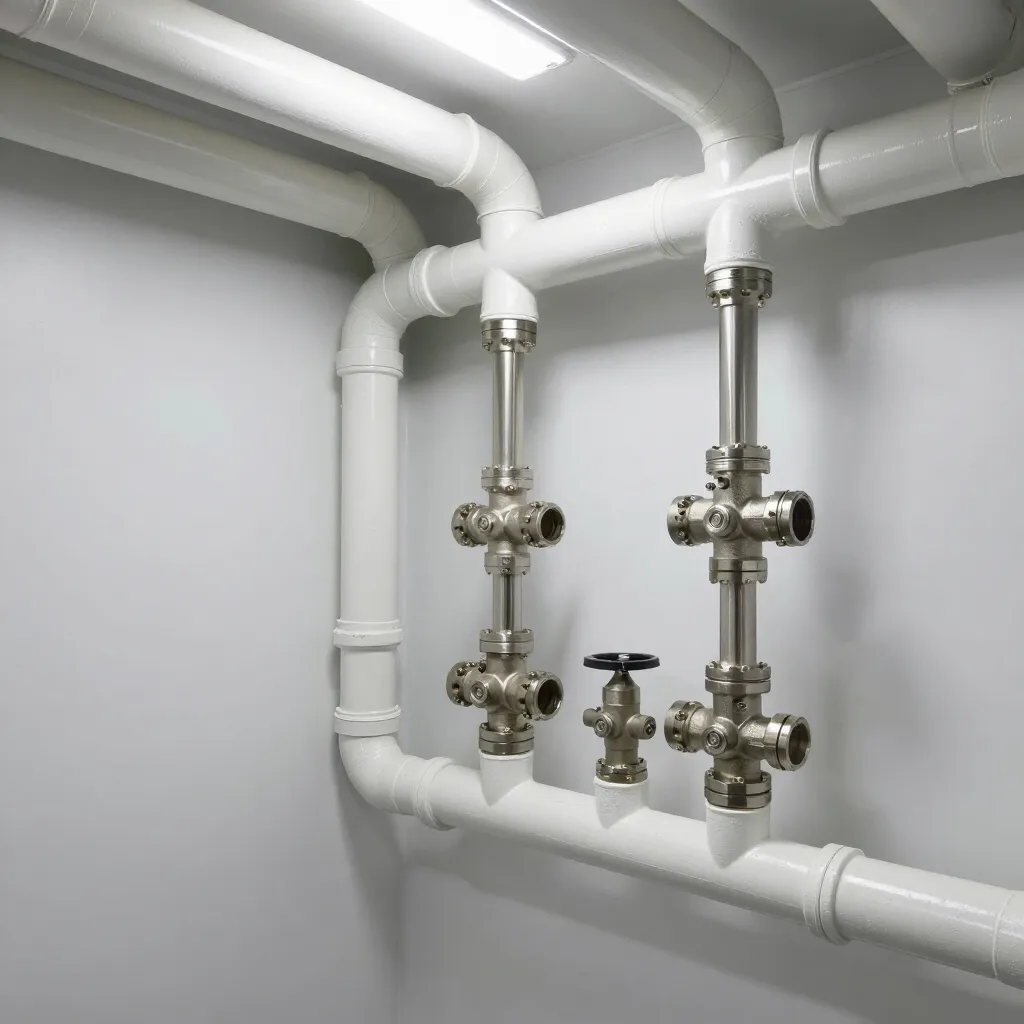 White industrial pipes and valves in a utility room with a central black handwheel valve.