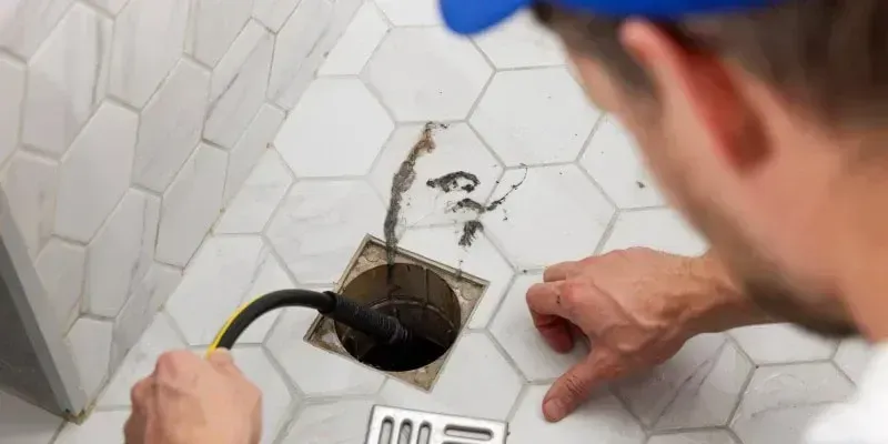 Plumber inspecting a wall pipe leak in a white tiled shower corner