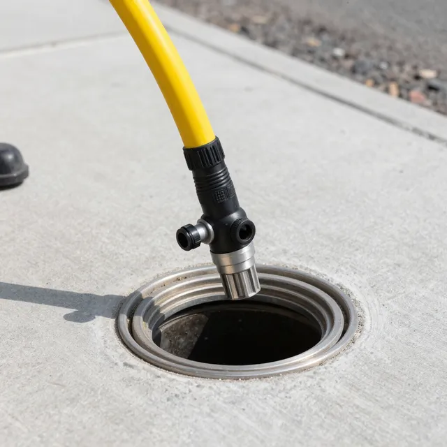 Yellow cable with a metal nozzle inserted into a round drain opening on a concrete surface