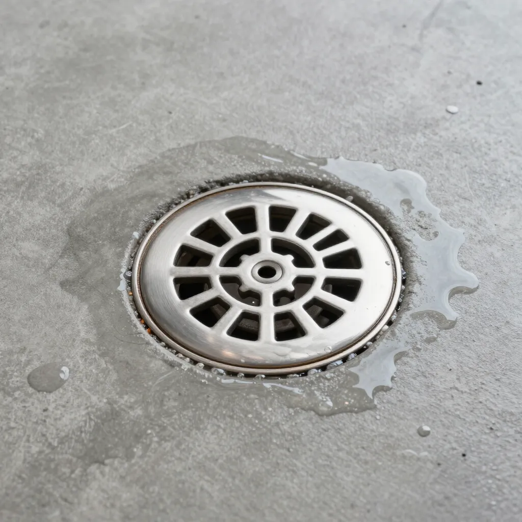 Round metal drain grate set into gray concrete with a small wet patch around it