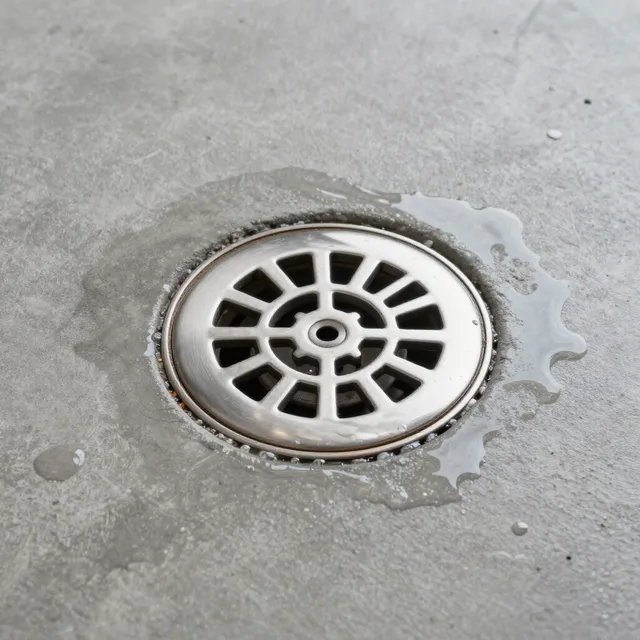 Round metal drain grate set into gray concrete with a small wet patch around it