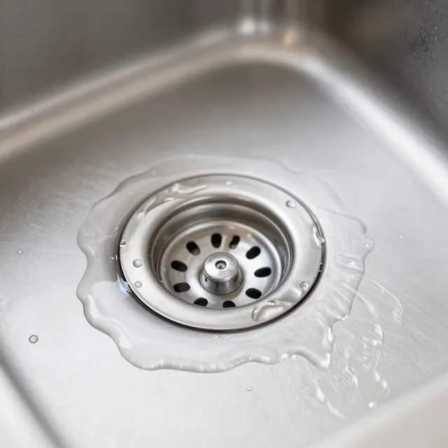 Stainless steel sink drain with water pooling around the strainer in a clean basin Stainless steel sink drain with water pooling around the strainer in a clean basin