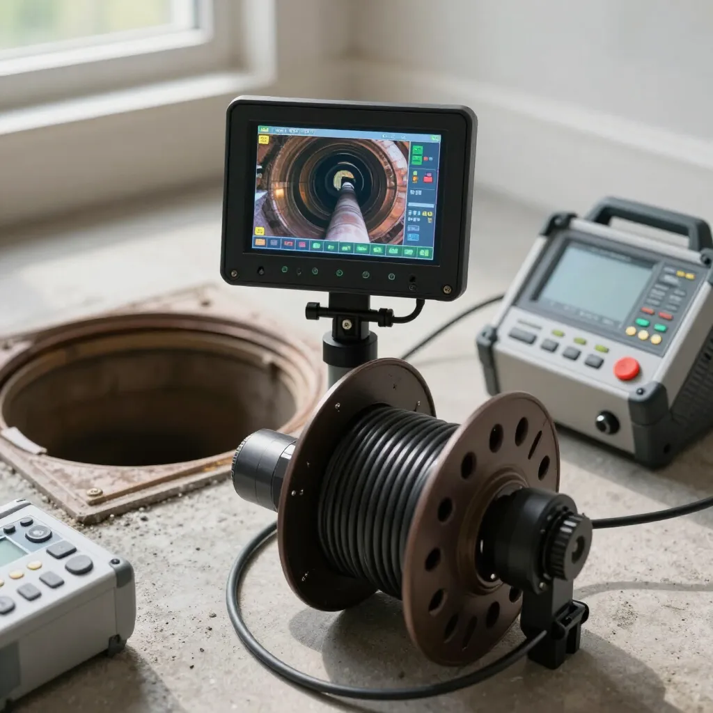 Inspection camera on a cable reel beside an open manhole, with control monitors and equipment in a room