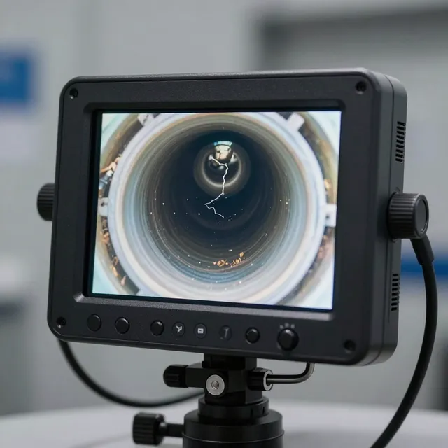 Close-up monitor displaying a view down a cylindrical pipe or tunnel on a camera rig
