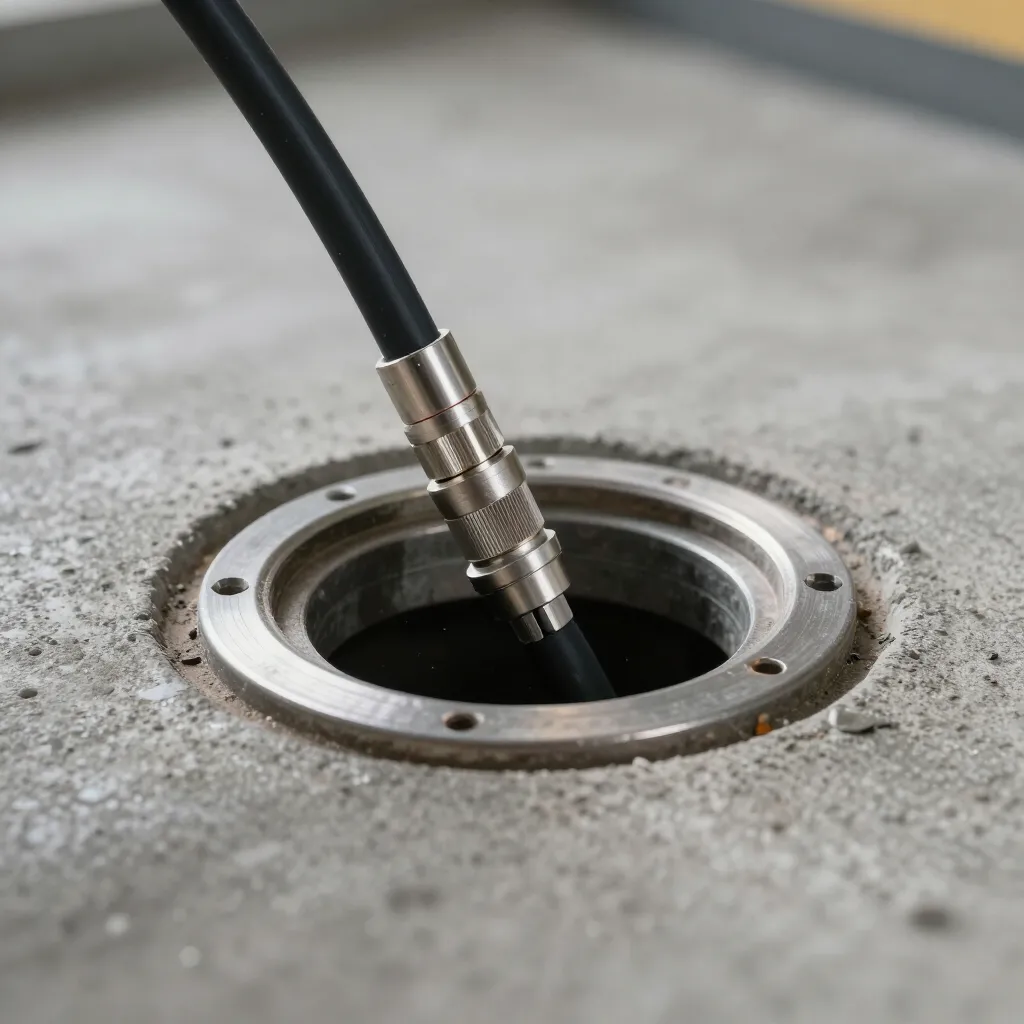 Black cable plugged into a metal floor port on a concrete surface Black cable plugged into a metal floor port on a concrete surface