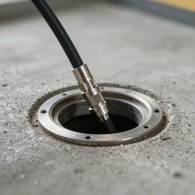 Black cable plugged into a metal floor port on a concrete surface Black cable plugged into a metal floor port on a concrete surface