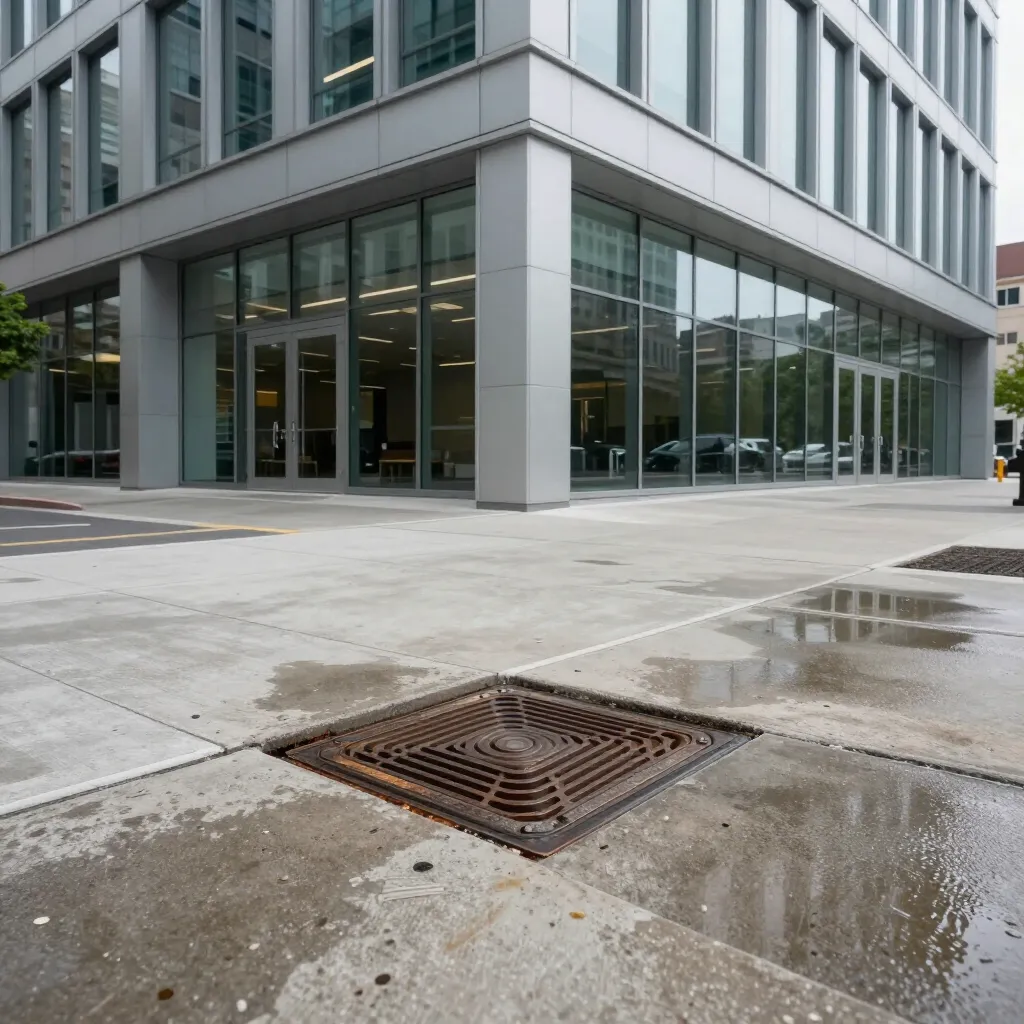 Modern office building corner with glass windows, wet pavement, and a metal drain grate in the foreground