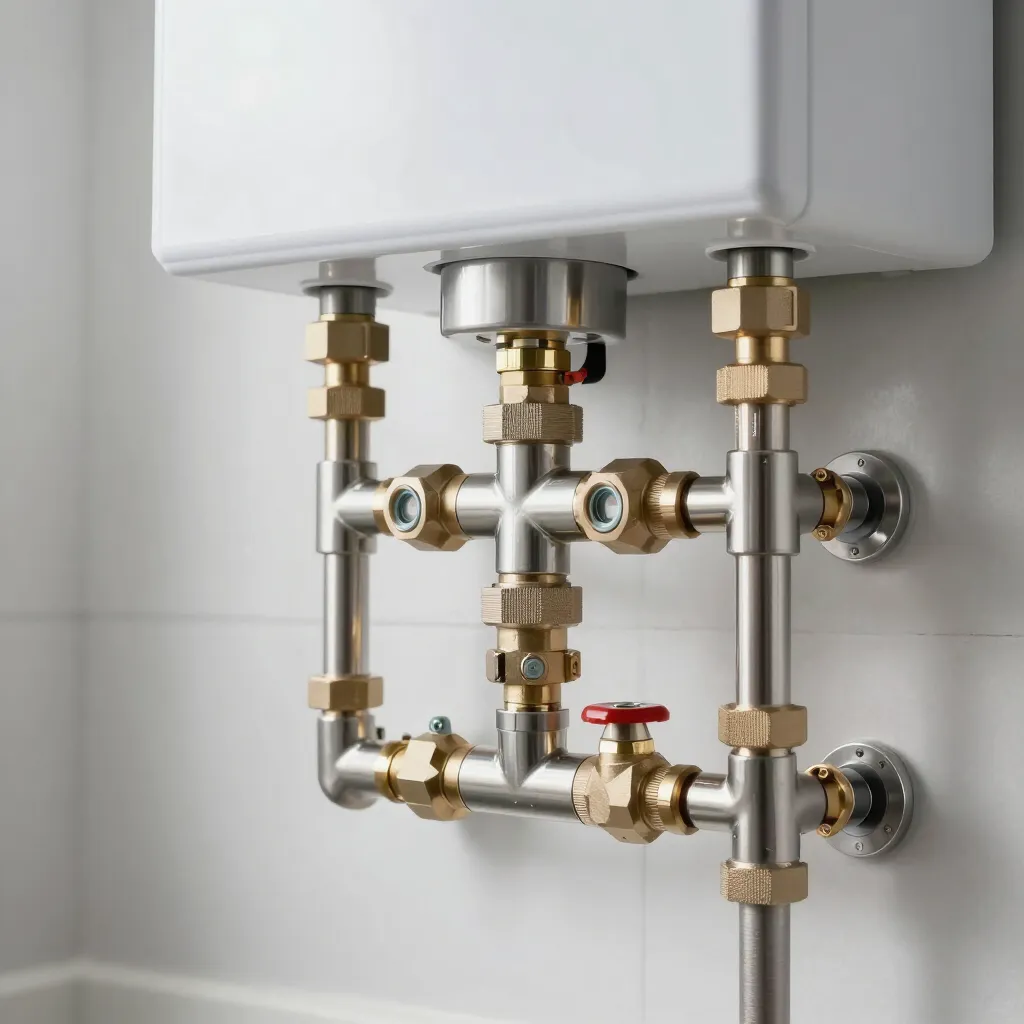 Plumbing manifold with brass pipes and shutoff valves beneath a white wall-mounted unit Plumbing manifold with brass pipes and shutoff valves beneath a white wall-mounted unit