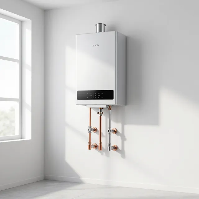 Wall-mounted white boiler with copper pipes in a bright, empty room Wall-mounted white boiler with copper pipes in a bright, empty room