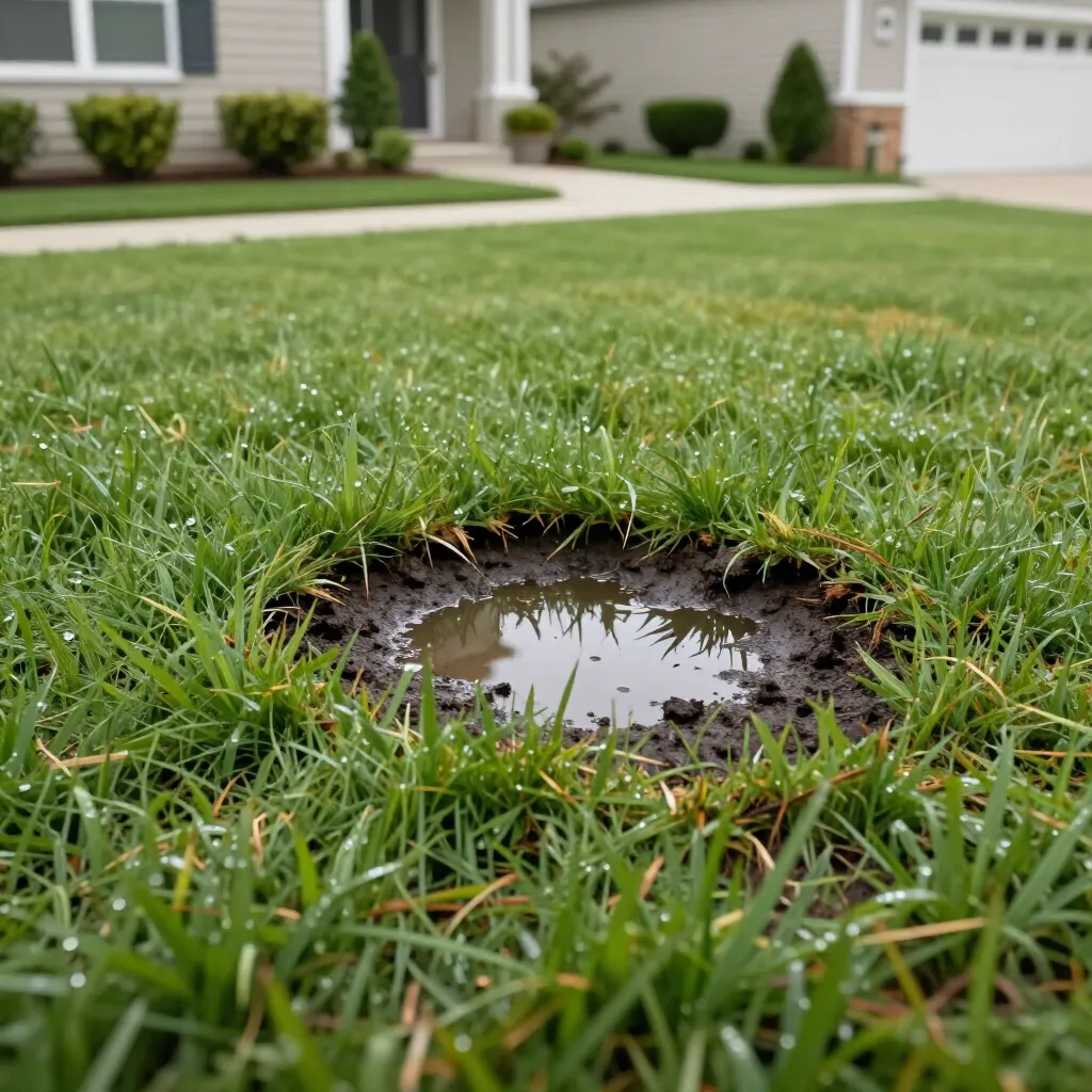 Small muddy puddle in a grassy lawn near a suburban house. Small muddy puddle in a grassy lawn near a suburban house.