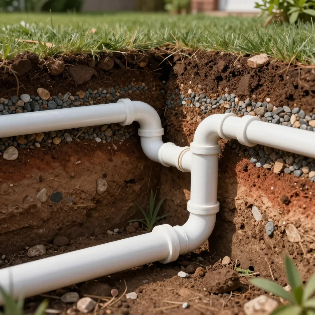 White drainage pipe emerging from a dirt trench under grass. White drainage pipe emerging from a dirt trench under grass.