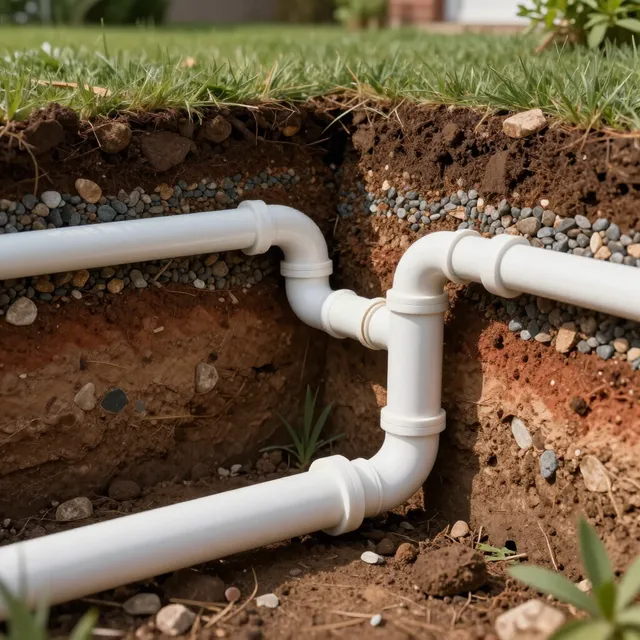 White drainage pipe emerging from a dirt trench under grass. White drainage pipe emerging from a dirt trench under grass.